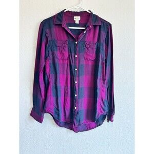Stylus Women's Blue Purple Plaid Long Sleeve Button Down Shirt Medium
